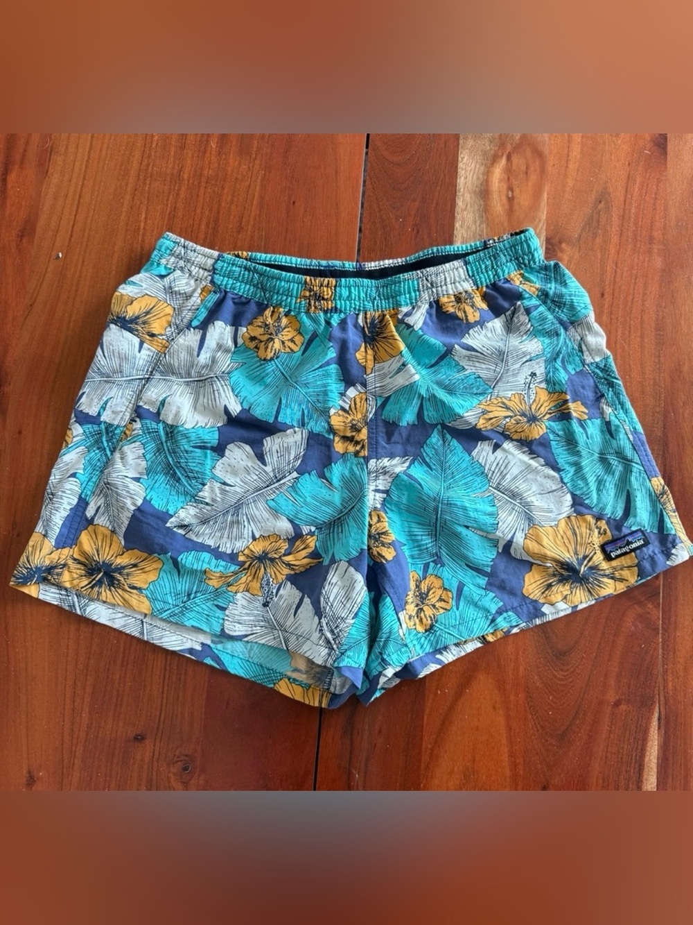 Patagonia Tropical Print Athletic Shorts in Teal, Yellow & Navy